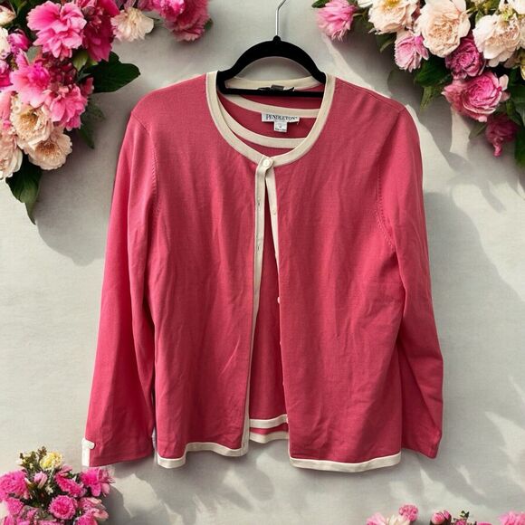 Pendleton Short Sleeve Top & Cardigan Sweater Set Women's Size M Pink White Trim - Picture 1 of 5